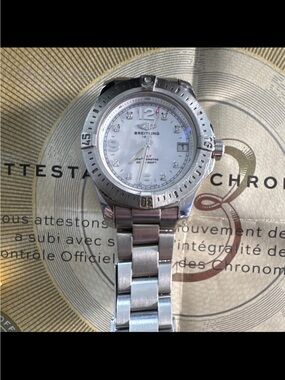 Breitling Steel Watch with White Mother-of-Pearl Dial and Diamond Markers